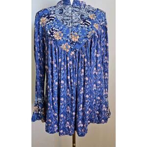 Free People Blue Boho Peasant Blouse S Mock Neck Button Ruffle Festival Top